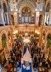 Nina Flohr enters the church during her wedding to Prince Philippos at the Metropolitan Cathedral of the Annunciation.